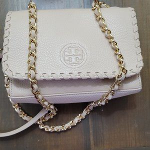 Tory Burch Hand bag Mini Marion Beige Nude Pebble Leather Gold chain crossbody